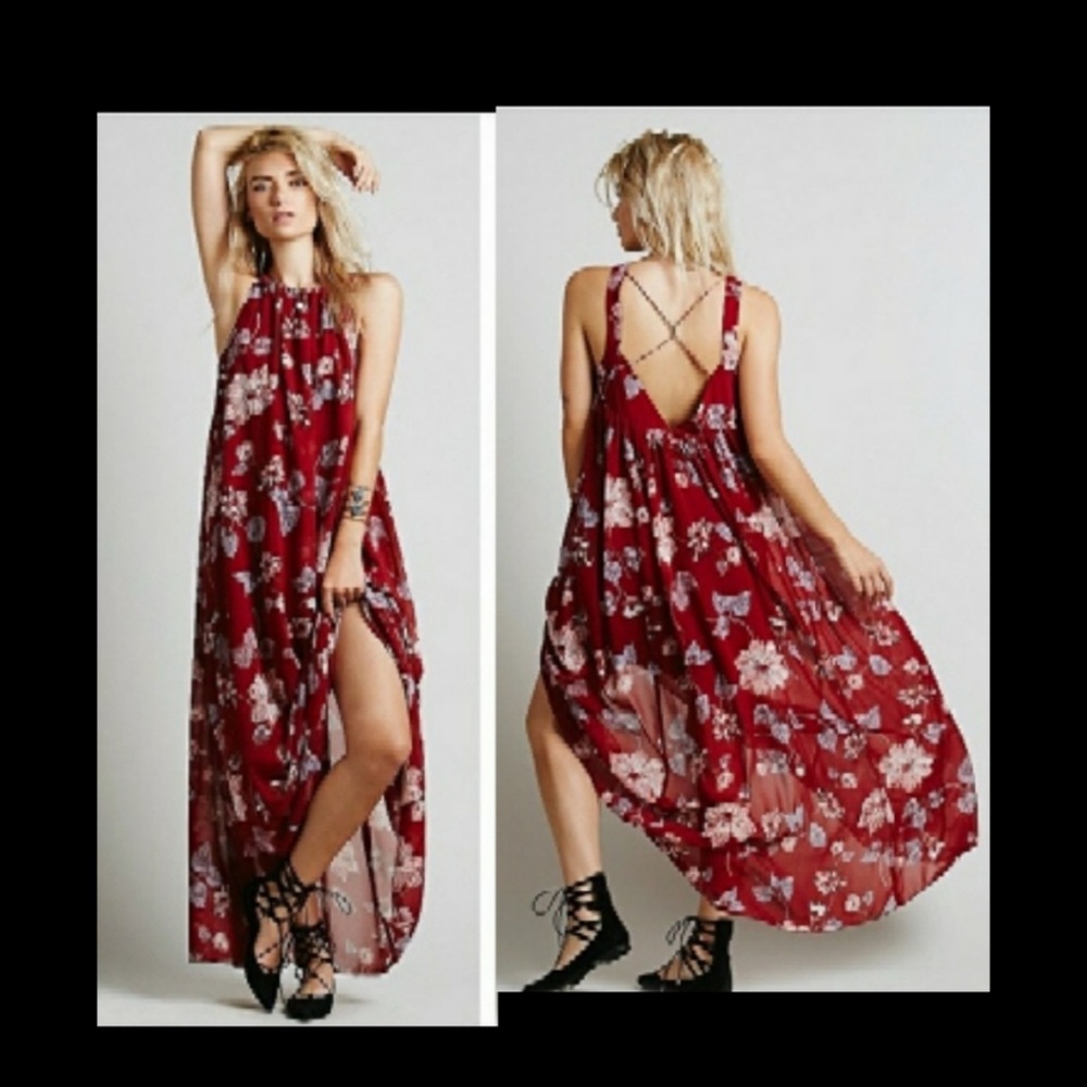 FREE PEOPLE Red Floral Open-back Maxi Dress